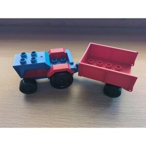 Vintage Lego Duplo Tractor + Detachable Tip Wagon Blue Red Black Wheels Rolls